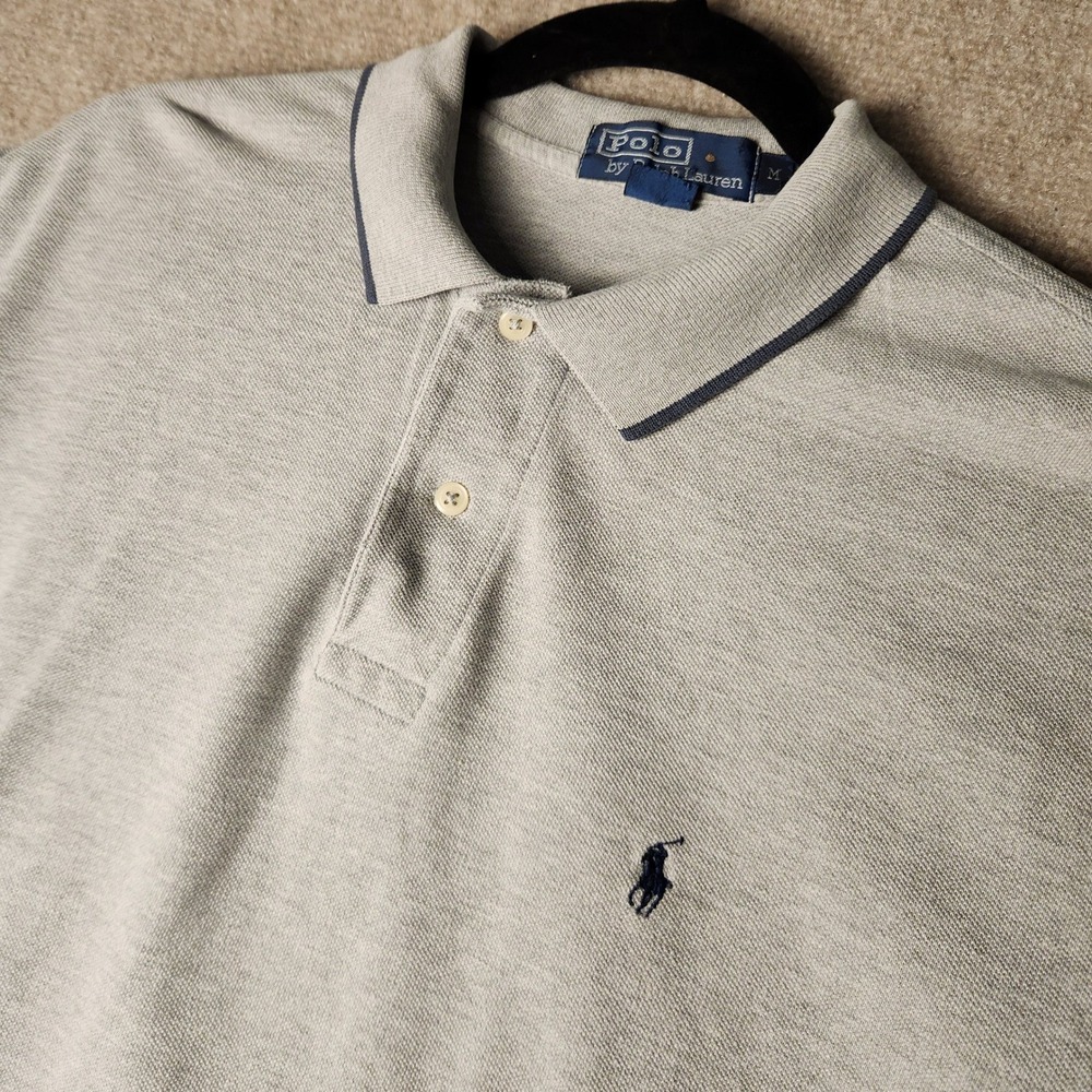 Polo‎ Ralph Lauren Polo Shirt Mens M Grey Blue Tipped Collar Pique Pony Logo